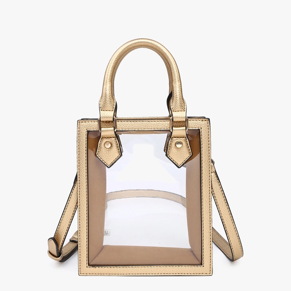 Elise Clear Rectangular Crossbody w/Vegan Trim and Dual Handles-GOLD